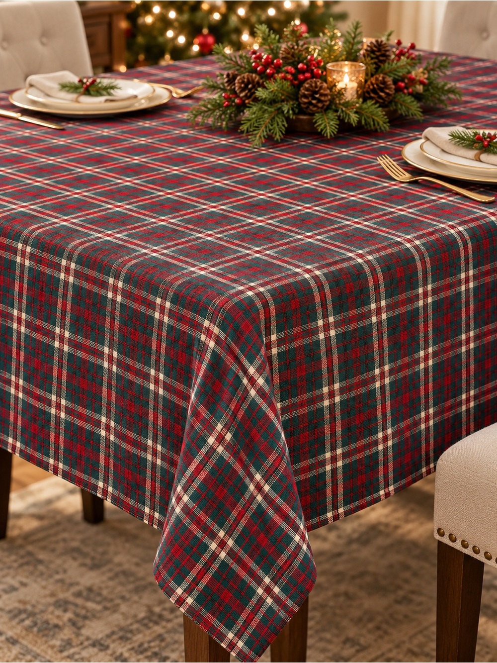 60” × 84” Christmas Plaid Tablecloth – Red, Green & Cream